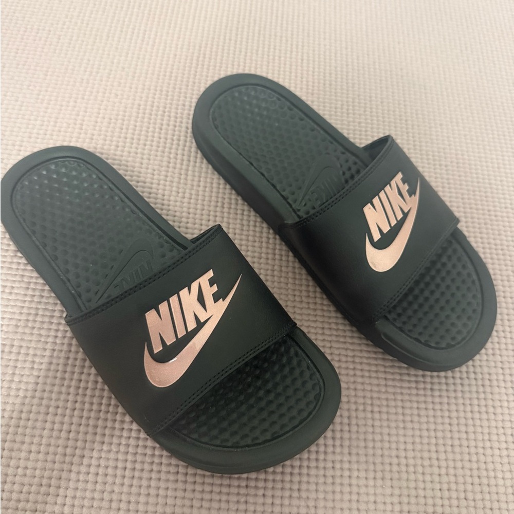 Nike Black and Pink Slippers with Textured Footbed